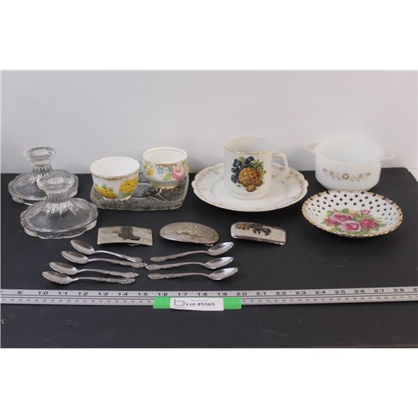 (3) Western Belt Buckles, (3) Teacups, (3) Antique Plates, (2) Glass Candlesticks