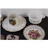Image 4 : (3) Western Belt Buckles, (3) Teacups, (3) Antique Plates, (2) Glass Candlesticks
