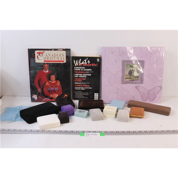 (2) Books, Photo Album (purple), (13) Empty Jewelry Boxes