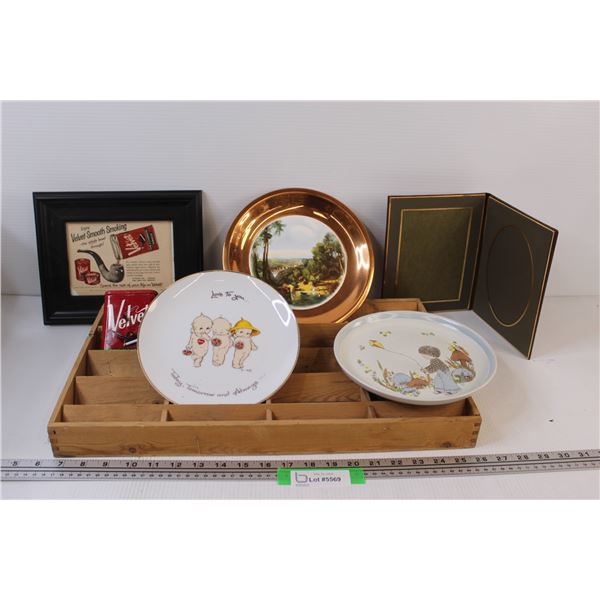 (3) Decorative Wall Plates, Wooden Tray, Cigarette Tin & Picture, Empty Picture Frame
