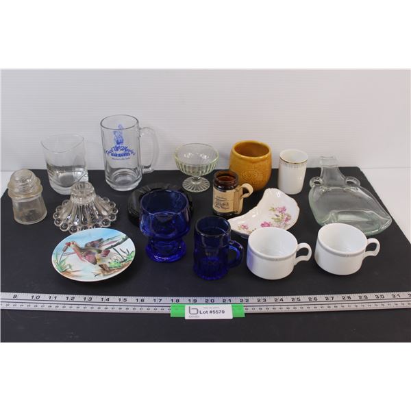 Lot of: (7) Cups & Mugs, Glass Insulator, Candlestick Holder, Ashtray, Misc.