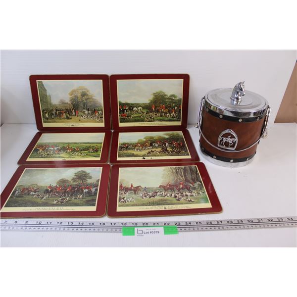 (6) Pimpernel Old Hunting Cork Back Placemats, Horse Ice Bucket