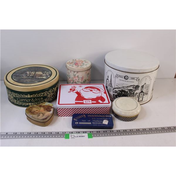 (7) Storage Tins: Watkins, Currier & Ives, Misc.