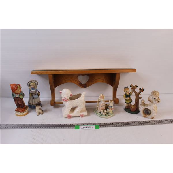 Wooden Towel Rack (20" Long), (7) Ceramic Figurines: Sheep, Dog, Kids