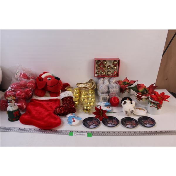 Christmas Lot: Clifford the Big Red Dog Stocking, (6) Bags of Ornaments, Christmas Mug and Bowls Set