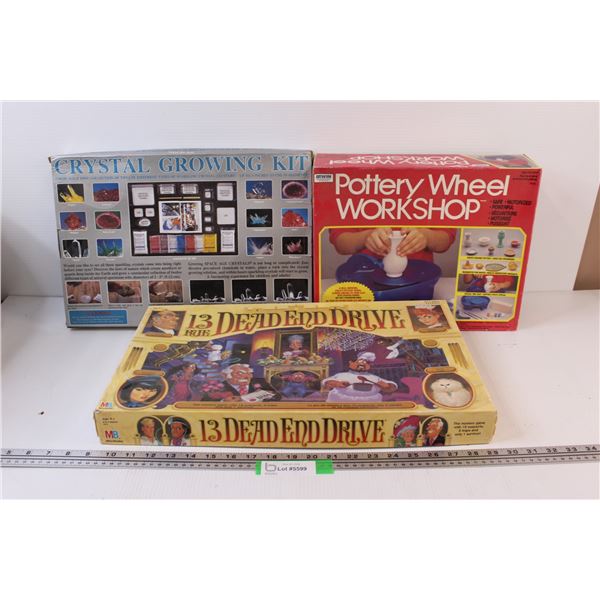 Crystal Growing Kit, Pottery Wheel, 13 Dead End Drive Board Game ( All AS IS)
