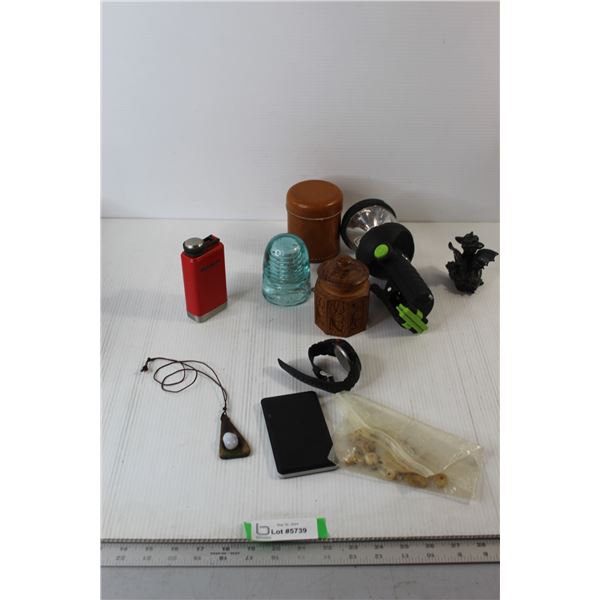 Wooden Trinket Container, Stanley Flask, Watch, Power Bank, Misc.