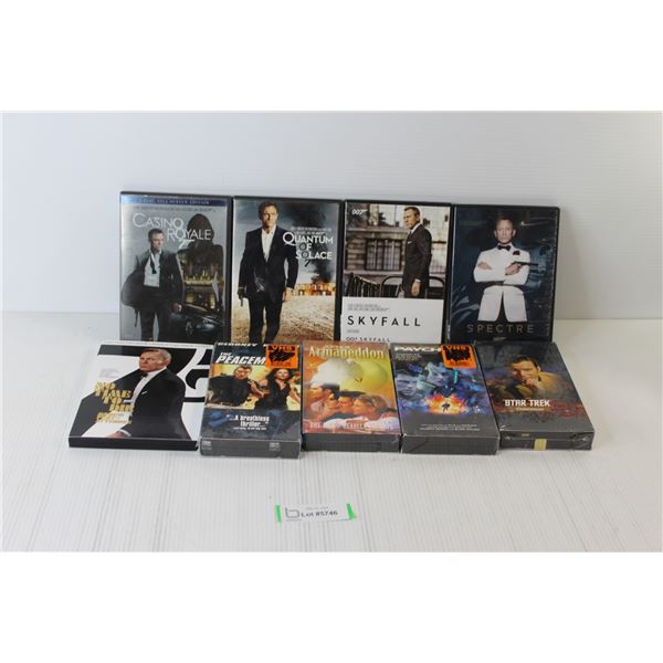 (5) DVDs, (4) VHS Tapes - Skyfall, Armageddon, No Time To Die