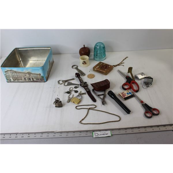 Vintage Shaver, Flashlight, Locks with Keys, Misc.