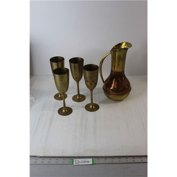 Brass Pitcher & (4) Brass Goblets