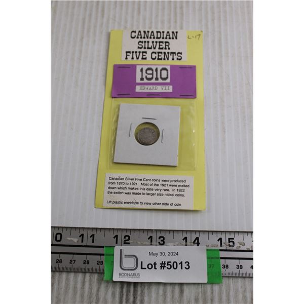 Canadian 1910 Silver 5 Cent Coin