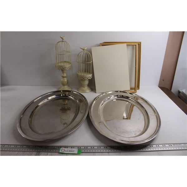(2) Birdcage Decorations, (2) Trays, (2) Picture Frames - As Is