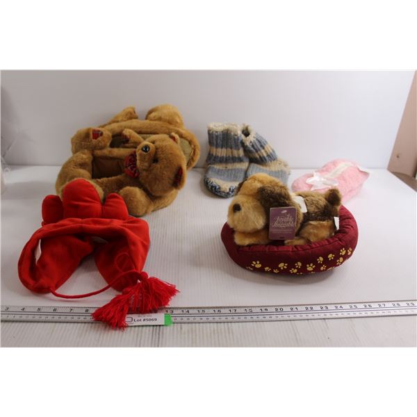 (3) Pairs Slippers, Scribblenauts Hat, Dog Stuffed Animal