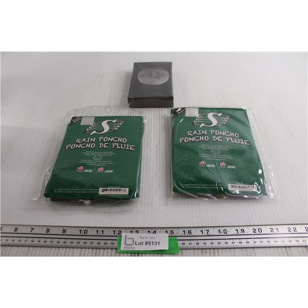 (2) Saskatchewan Roughriders Rain Ponchos, Christmas Ornament