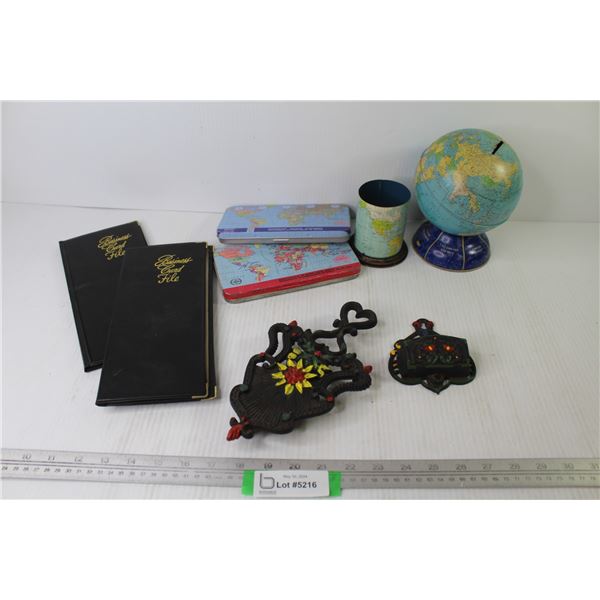 Vintage Tin Bank Globe (has dent) - (2) Empty Geometry Tins - Business Card Folders - Vintage Tin Ma
