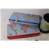 Image 5 : Vintage Tin Bank Globe (has dent) - (2) Empty Geometry Tins - Business Card Folders - Vintage Tin Ma