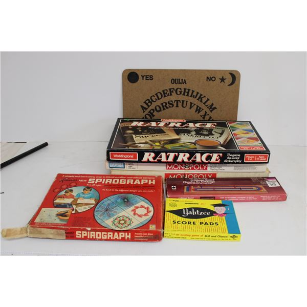 (6) Board Games/Games - Monopoly - Yahtzee - Cribbage - Rat Race - Spirograph - Ouija (unknown compl