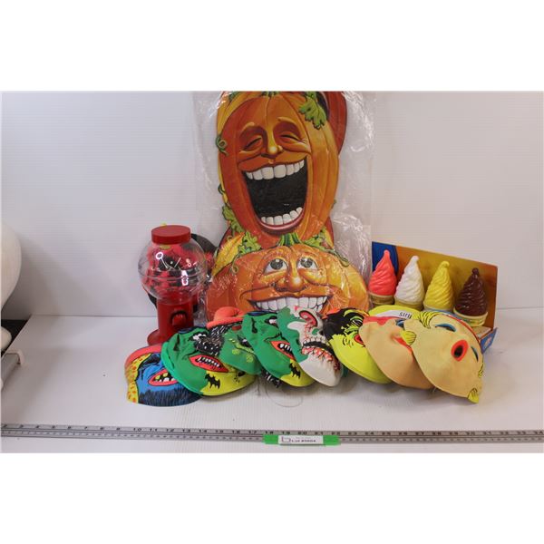 (14) Halloween Hanging Pumpkin Decorative; 11 Plastic Masks; Plastic Ice Cream Display