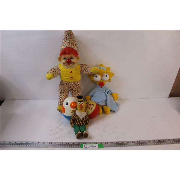 (5) Vintage Clown Plush; Simpsons Maggie Stuffie; Sesame Street Bert Stuffie & 2-Toy Balls