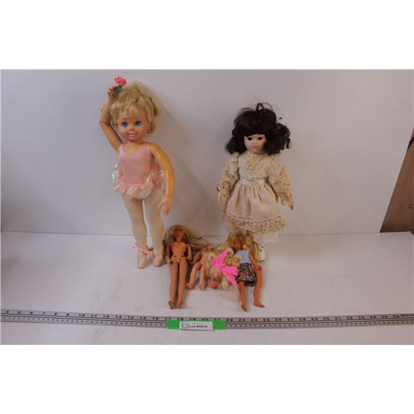 (5) Lot of Dolls: 16" Tall Ballerina; Doll on Stand; 3 Barbie Style Doll Parts