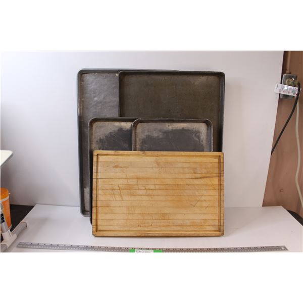 (5) Restaurant Equipment: 4 - Medium / Large Baking Pans & Large Wooden Cutting Board