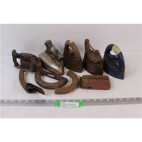 (9) Vintage Sad Irons & Parts & Old Oil Can Pourer