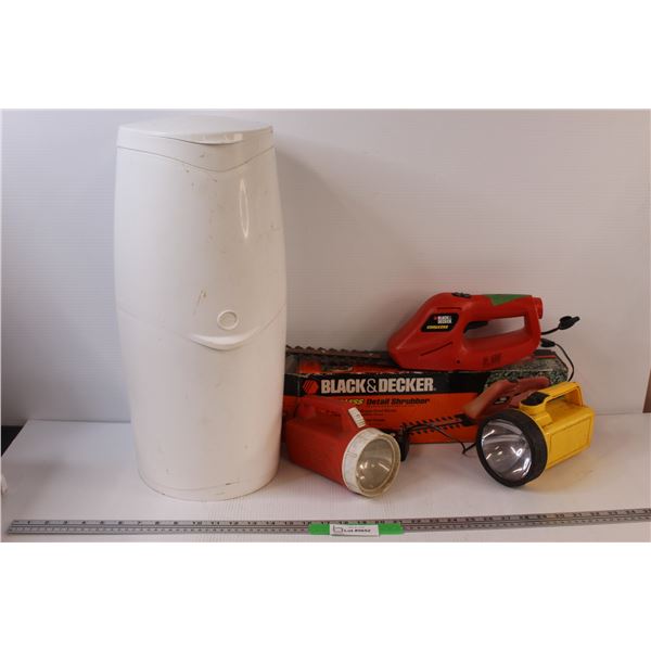 (4) Playtex Diaper Genie; 2 - Flashlights Untested; Black & Decker Cordless Shrubber - Works