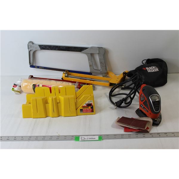 Plastic Miter Box, (2) Caulking Guns, Hand Saw, Black and Decker Palm Sander