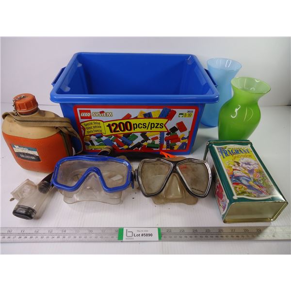 (2) Snorkeling Goggles,(2) Vases, Canteen, Tin and LEGO Tote