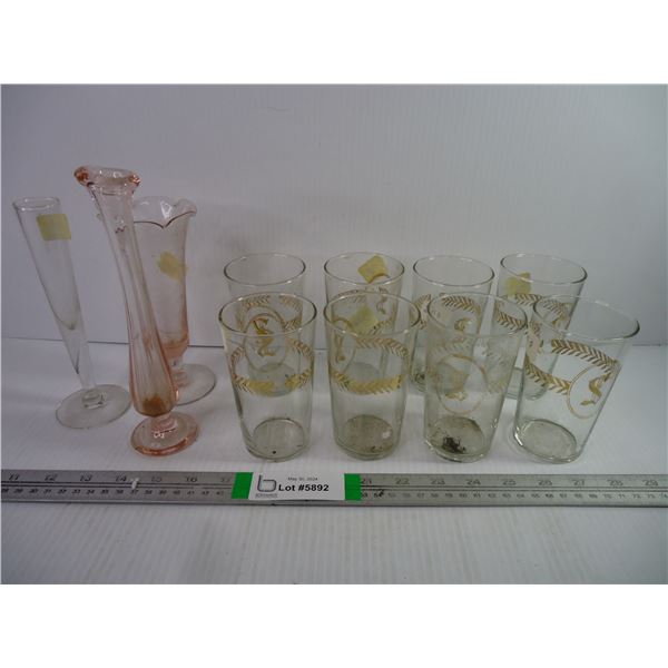 (8) Vintage Libby Monogrammed "S" Juice Glasses and (3) Small Vases