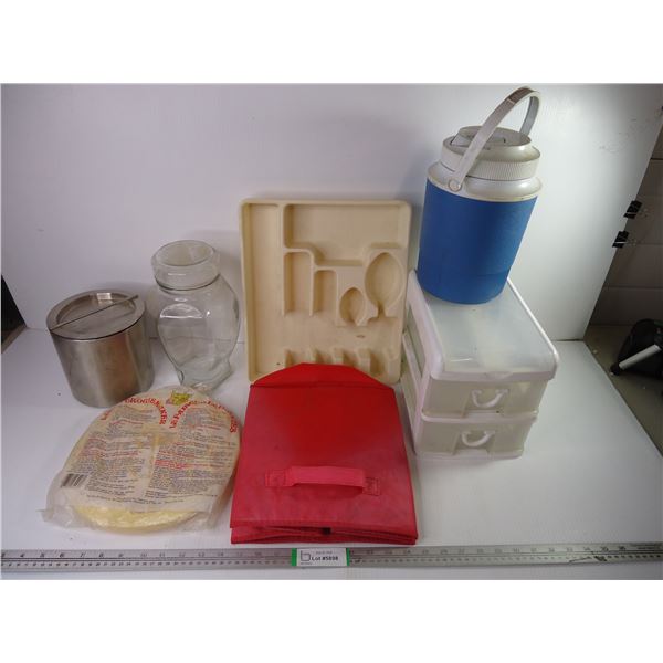 (2) Drawer Storage container, Rubbermaid Jug, Perogiemaker, Flatware Storage,(2) Storage Containers,