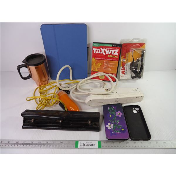 (2) Surge Protectors, Tablet Holder,(2) Cell Phone Protectors, Hole Punch, Tax DVD, Travel Mug, Car 