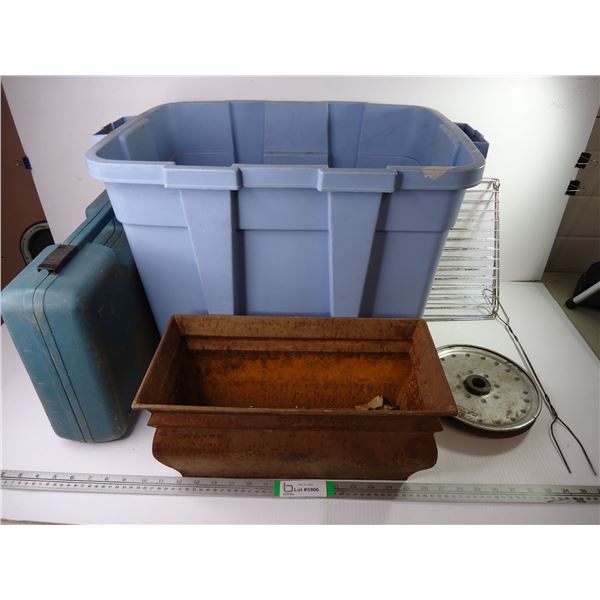 *Tote, Empty Tool Case, Rusty Metal Planter, Metal Grills, Pulley, Marshmallow Stick
