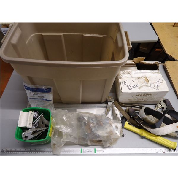 *Tote Containing Garage Door Hardware, Hammer and Towing Strap
