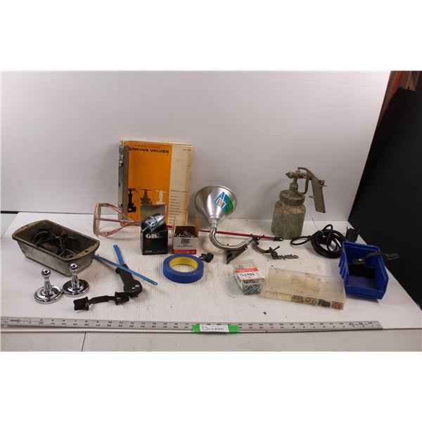 Various Shop Items - Pop Rivets, Fuel Filter, Transmission Funnel, Paint Cup Sprayer & Mixer, Bread 