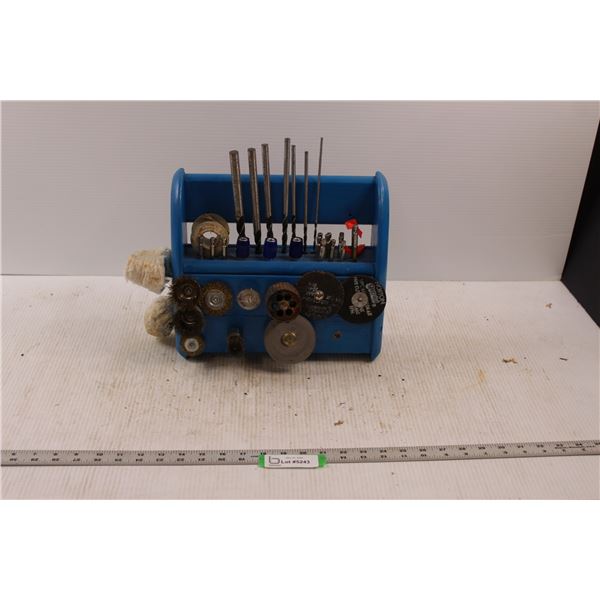 Hand Made Wooden Caddy w/Various Tools - Buffing, Cutting, Wire Brushes, Drill Bits & Adapters etc.