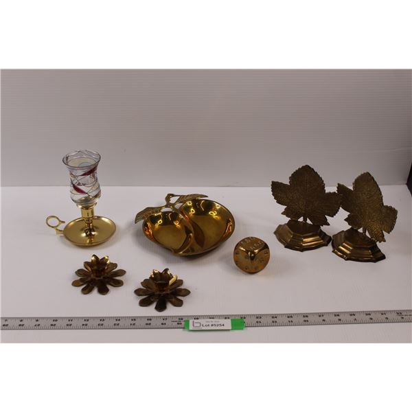 Vintage Brass Decor. - Candle Holders, Bookends, Divided Dish, Die