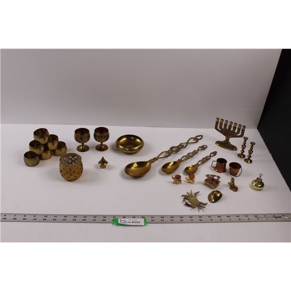 Various Brass/Copper Decor. - Napkin Rings, Goblets, Dish, Candle Holders, Spoons, Knick Knacks