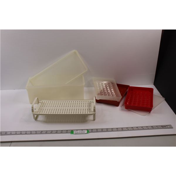 (3 pcs) Tupperware Storage Containers w/Lids & Folding Plastic Cabinet Shelf