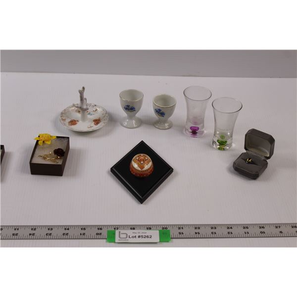 Egg Cups, Shot Glasses, Sterling Ring, Flower Brooch, Ring Holder, Half Ukrainian Egg Wall Art