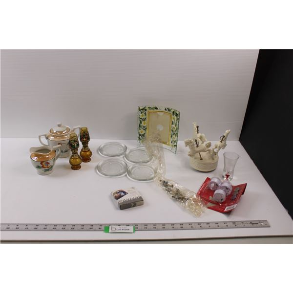 Glass Picture Frame, (2) Mini- Oil Lamps, Cream/Sugar Dishes (Sugar Dish Rim Chipped), Candle Rests,