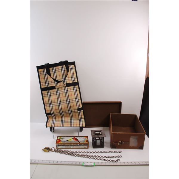 Glass Mirrored Bird Box, Folding Wheeled Shopping Bag, Hanging Tea Light Holder, Three Strand Brass 