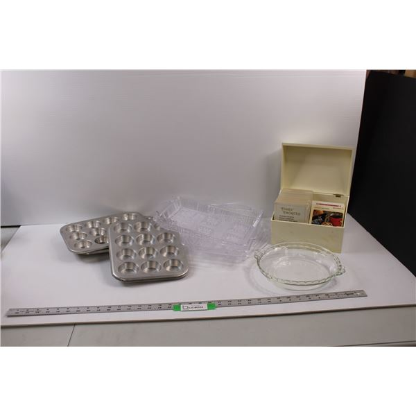 Kitchen Ware - (3)Aluminium Muffin Pans, (3) Plastic Serving Trays, Pyrex Glass Pie Plate & Betty Cr