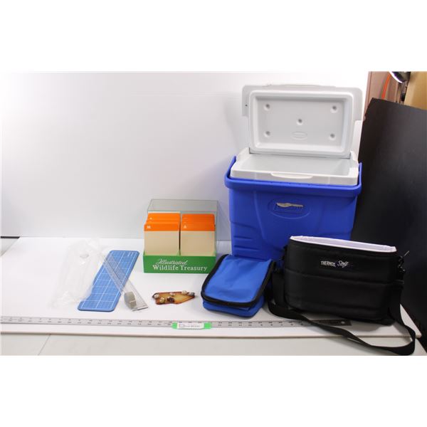 Coleman Cooler, (2) Soft Coolers, Illustrated Wildlife Treasury Cards in Box, Rock Decor. & Paper Cu