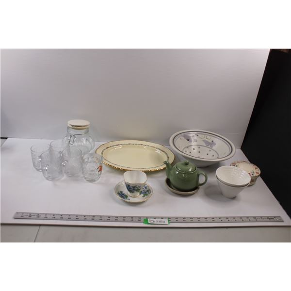 Cups, Serving Platter, Tea Cup w/Saucer, Tea Pot, Bowls, Lidded Dishes, etc.