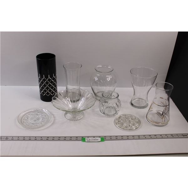 (9 pcs) Glass Vases, Frog & Dishes