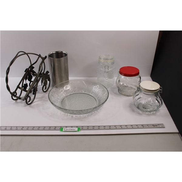 Various Kitchen Items - Wine Bottle Holder, Fruit Bowl, Vintage 1989 Glass Kraft Peanut Butter Jar, 