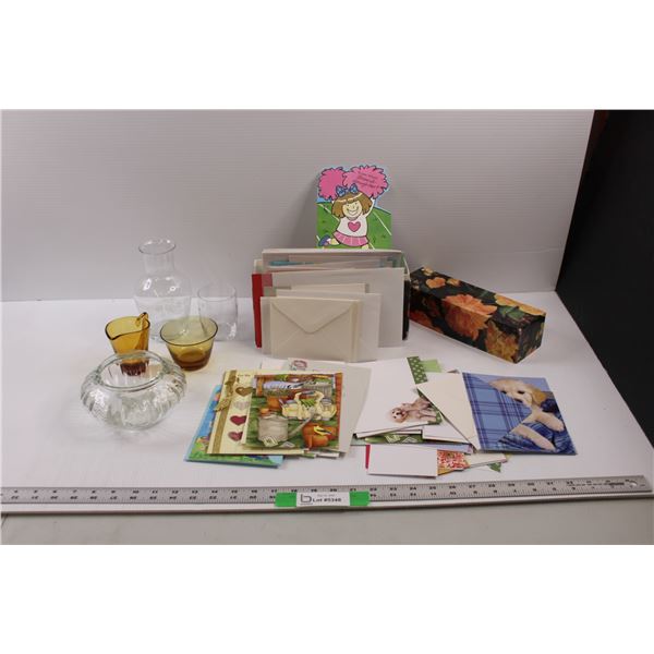 Box Of Various Un-Used Greeting Cards / Envelopes & (5 pcs) Glassware