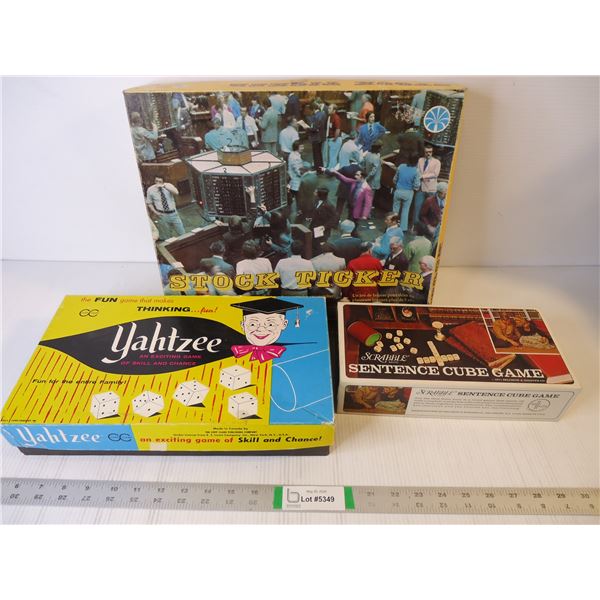 (3) Vintage Board Games-Stock Ticker, Scrabble and Yahtzee