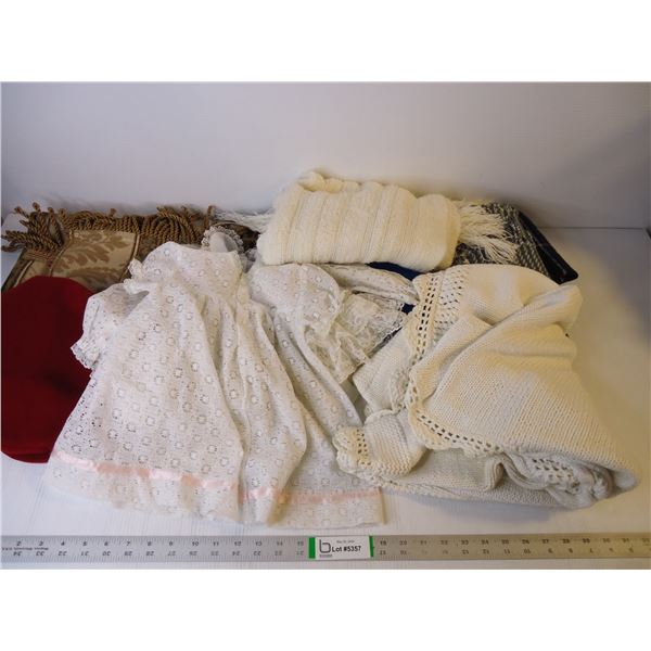 (2) Baby Dresses, Cotton Sweater, Scarves, Blankets and more as pictured